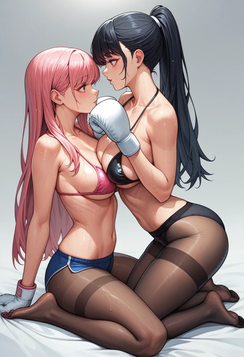 2 girls,（korean beautifull girl，18 years old,Pretty Face，Good shape，White long hair, Wear a pink bikini，Soaked，Wear black garter stockings，No shoes, Wearing black boxing gloves，Black sleeves on arms),（Japanese Girl,28 years old,Pretty Face,Slim figure,Black ponytail,Wear a black bikini,Wear black pantyhose,No shoes,Wearing white boxing gloves,wearing white sleeves on the arms), In the ring,A Korean girl landed an uppercut on a Japanese girl's stomach.,Large Breasts,Cleavage,Long legs，Thin waist，side view