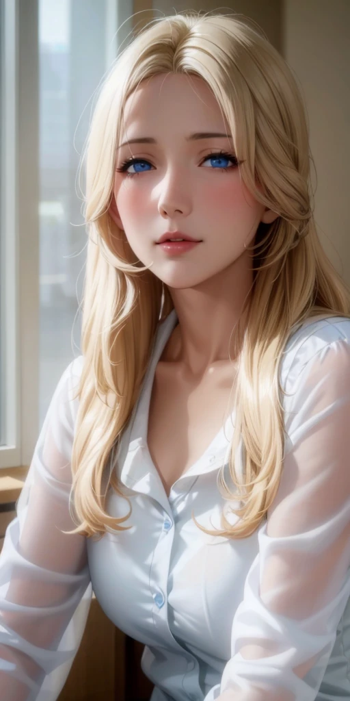 Elegant mature female, milf, blue eyes, blonde hair, soft light, high detailed, 4k resolution, high quality, beautiful cg,