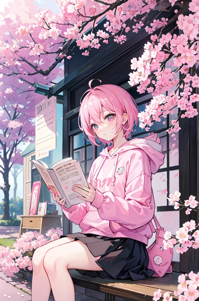 sitting under a cherry blossom tree reading a book、Pink short hair、Wearing a pink and white hoodie with black pants.、youth、man