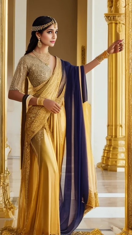 a majestic Greek goddess. Picture her draped in ethereal robes, adorned with intricate golden jewelry that symbolizes her divine status. Create an atmospheric scene inspired by ancient Greece, with soft lighting casting a celestial glow around her. Incorporate elements that evoke her unique allure and mysterious presence, fusing the ethereal beauty of woman with the timeless elegance of a Greek deity. The final image should capture the essence of her as a goddess, blending classical aesthetics with her distinct charisma."
