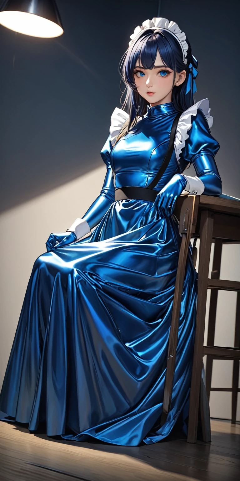 Portraiture、(masterpiece,Highest quality,Ultra-high resolution),Japanese women,Maid Headband、 (((A very beautiful 25 year old)))、(She is wearing a long-sleeved maid outfit made of shiny metallic blue satin..)、The dress has a simple design without any patterns.....、(((Long skirt made of metallic blue satin.)))、Metallic blue satin gloves、((Metallic blue satin bodysuit))、Dark Room