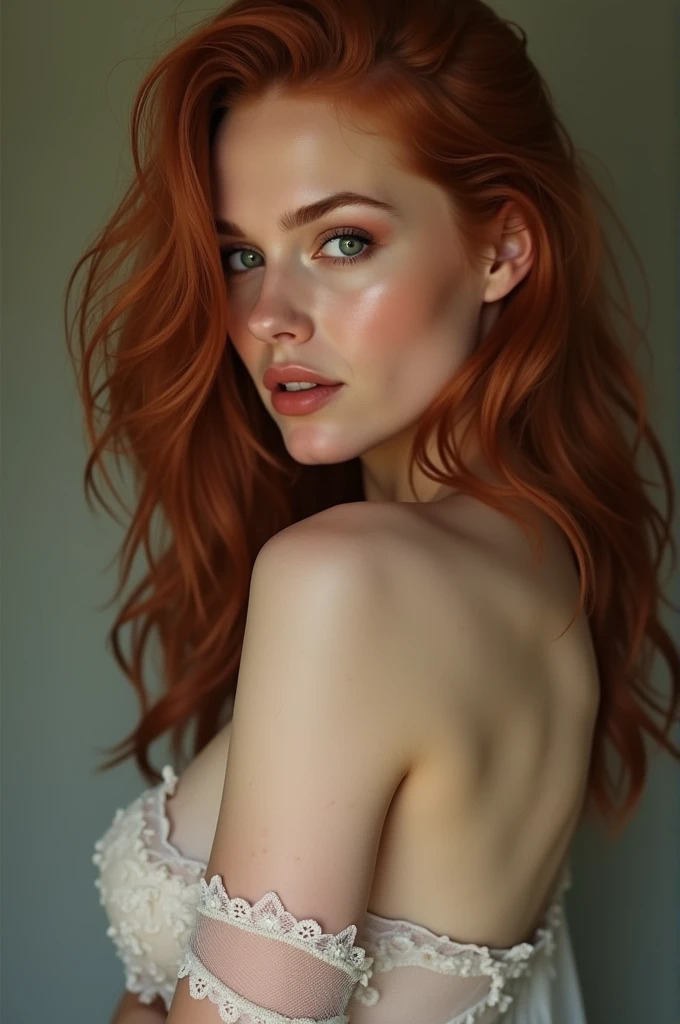 Super realistic image, high quality uhd 8K, of 1 girl,  detailed realistic, redhead, long ginger hair, highly detailed realistic skin, expensive lingerie, (((full body))), real and vivid colors