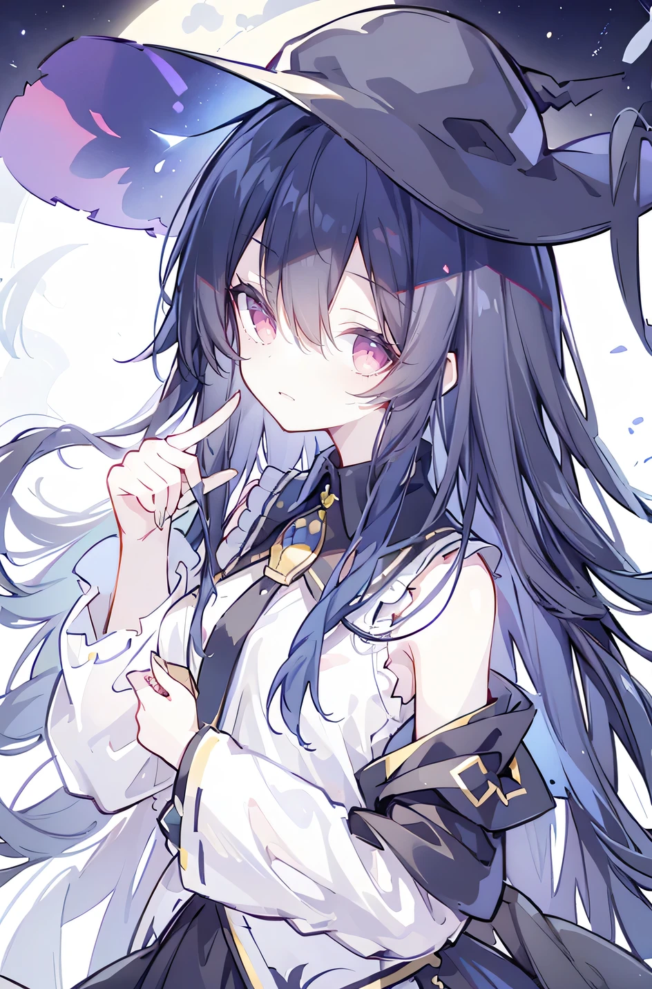 oung Girls,Humanity,A magician always smiles,big witch hat,cute,dark blue long hair,The eyes are dull,The bangs are heavy,Thin eyebrows,fantasy,intake,Double teeth,Star Theme,Constellation pattern,Solid color clothetal decoration,cloak,A bit of a dark atmosphere,A little crazy smile,When the big moon shines outside at night,blood,Hair black star embellishment,Short tie,No nails,High waist skirt,Bell sleeves,Long-sleeved shirt,Black tie,low risk,gentlemen。Mist、Yellow and white effect，Shocking pink as an accent color