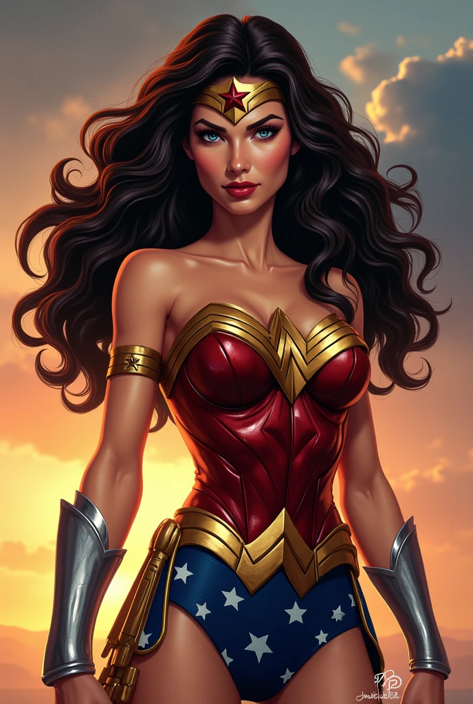 Superhero Wonder Woman, beautiful, sexy, seductive, dark brown hair with lots of curls in the cartoon image that is the poster for the epic movie, dynamic pose.