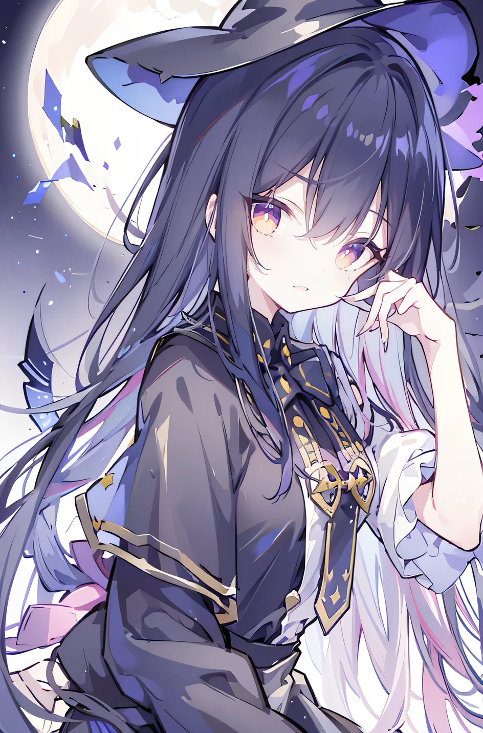 oung Girls,Humanity,A magician always smiles,big witch hat,cute,dark blue long hair,The eyes are dull,The bangs are heavy,Thin eyebrows,fantasy,intake,Double teeth,Star Theme,Constellation pattern,Solid color clothetal decoration,cloak,A bit of a dark atmosphere,A little crazy smile,When the big moon shines outside at night,blood,Hair black star embellishment,Short tie,No nails,High waist skirt,Bell sleeves,Long-sleeved shirt,Black tie,low risk,gentlemen。Mist、Yellow and white effect,Shocking pink as an accent color