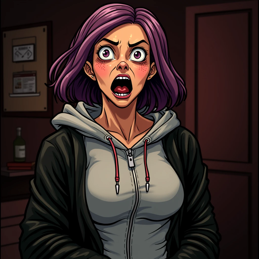 anthropomorphic snake woman,  no nose on her face, slit nostrils, snake face, eyes wide with horror, mouth wide open, shoulder length purple hair, big snake eyes, wearing black zip jacket, grey thin button hoodie, big breasts