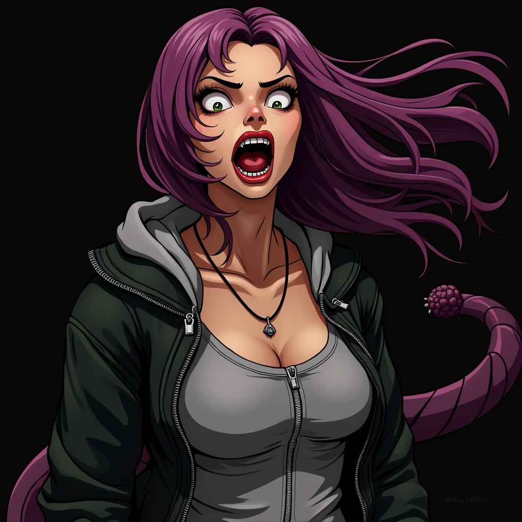 anthropomorphic snake woman,  no nose on her face, slit nostrils, snake face, eyes wide with horror, mouth wide open, shoulder length purple hair, big snake eyes, wearing black zip jacket, grey thin button hoodie, big breasts