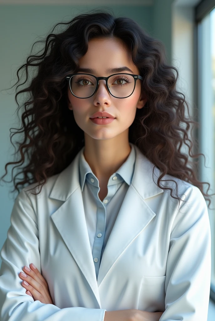 30-year-old woman with white skin,brown dark eyes,Round face,with prescription glasses,White lab coat of a specialist,long curly frizzy hair,a body weighing 80 kilos