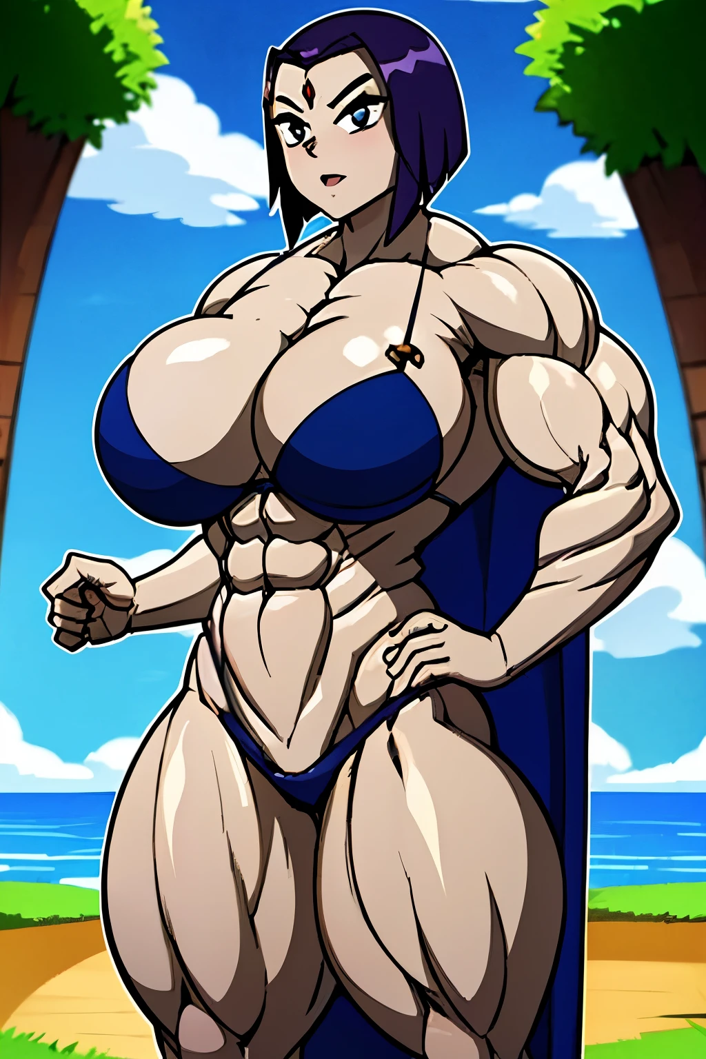 masterpiece, best quality, 1girl, rachelroth, purple hair, short hair, purple eyes, (grey skin), (colored skin), forehead jewel, leotard, belt, cape, closed mouth, standing, solo,  solo, blue sky, cloud, grass, meadow background   ((hyper muscular:1.7 )) , ((big breasts:1.8)), (strong) , ((((muscular))))  (colossal breasts:1.3), (bursting breasts:1.4) , gigantic breasts (very excited)  ((powerful)) power up (giantess) 