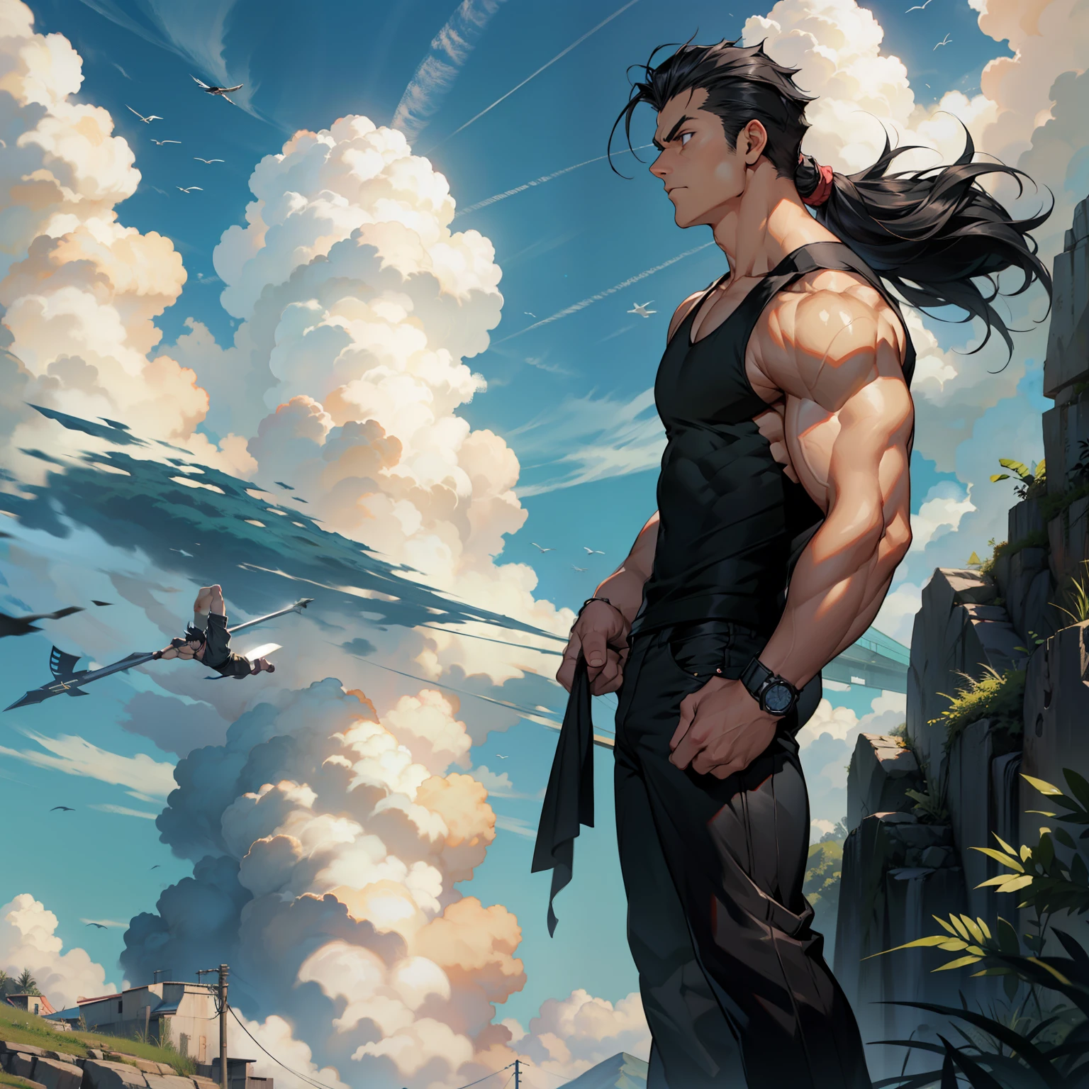 1boy, 26 Years old, Serious face, muscular, wearing black sleeveless t-shirt, black pants, black hair, slick back long hair, levitate on sky, blue sky, cloud