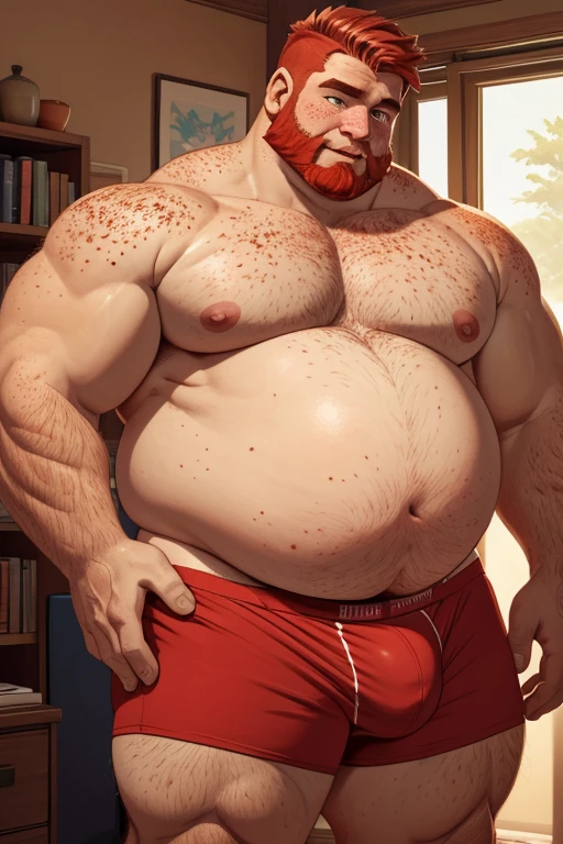 Man ( 40 yo, red haired, freckled, extremely a lot of freckles, In underpants, extremely huge belly, extremely fat ( 1000 lb: 1.1 ), huge bloated body ), in the bad with , extremely huge and not human size difference