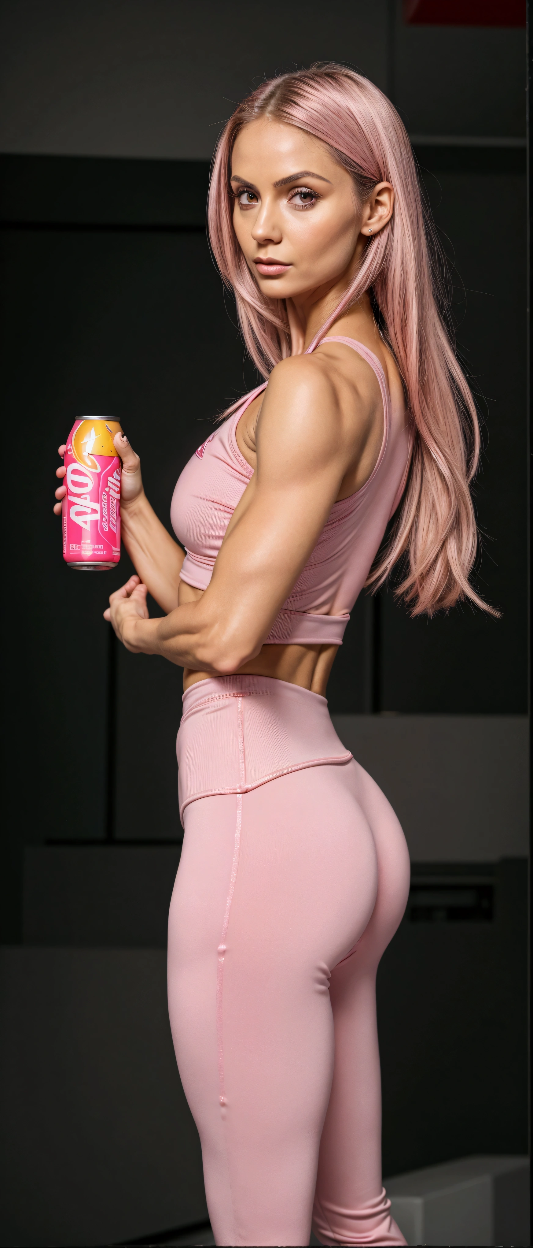 a close up of a woman in a pink outfit holding a can of soda, apta, gum body, toned backside, energy drink, suitable photo, thin girl photo, waist - shot, toned body, 6 packages, lean and toned, toned shape, Physicist : smallest belly ever, skin-tight outfit, Waist slender, tight costume