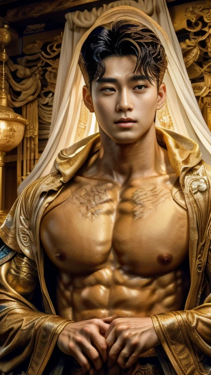 disconsolate,Ambient,artistic conception,large scene,The wind blew up the white curtains,Dattain lamps,Diffuse light,chest muscle,detailed face, Shirtless, stubbles, Sideburns, musculature, Strong handsome korean guy, a golden statue of handsome men god , multiple hands holding some weapons, , Hanfu,Golden blue、Jing Qing Moqing、jackson wang, Plain cherry blue,Junyi,Dignified atmosphere,Temperament,Short hair, Flat-headed beautiful man,The light is gentle,The scene comes to life