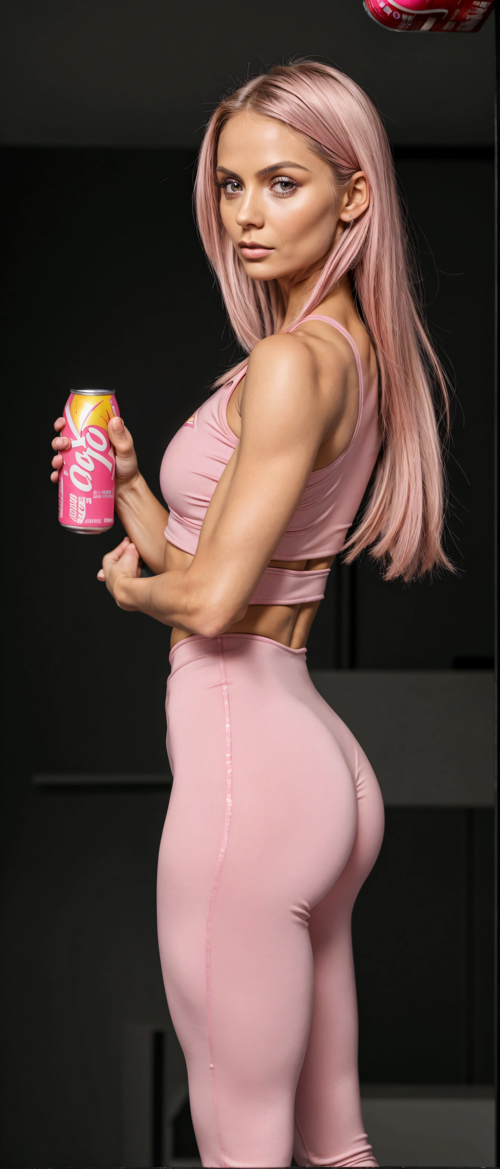 a close up of a woman in a pink outfit holding a can of soda, apta, gum body, toned backside, energy drink, suitable photo, thin girl photo, waist - shot, toned body, 6 packages, lean and toned, toned shape, Physicist : smallest belly ever, skin-tight outfit, Waist slender, tight costume