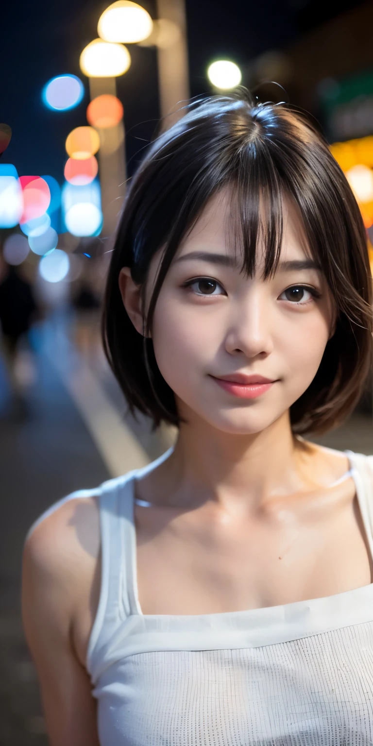 1 person, Tokyo Street,night, Streetscape,City lights,Upper Body,close,smile,, (8k, RAW Photos, Highest quality, masterpiece:1.2),(Realistic, photo-Realistic:1.37),