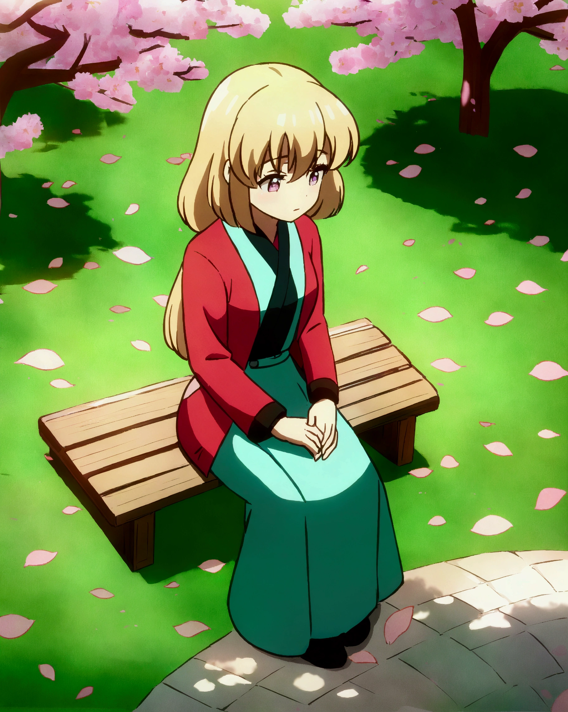 Serene park with cherry blossom trees in full bloom, petals gently falling, anime-style. A thoughtful anime character sits on a bench, looking slightly anxious, high quality, 8k