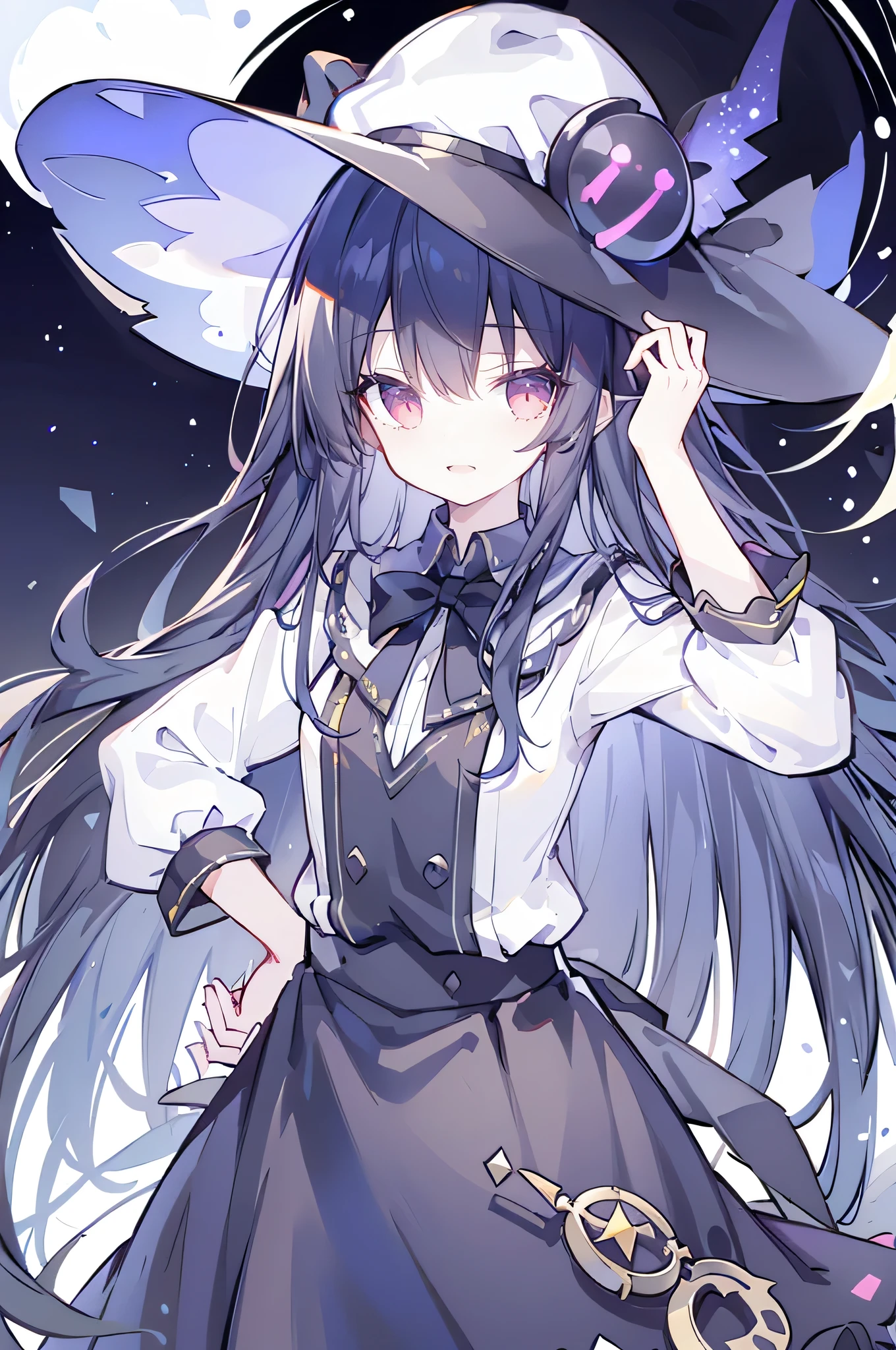 oung Girls,Humanity,A magician always smiles,big witch hat,cute,dark blue long hair,The eyes are dull,The bangs are heavy,Thin eyebrows,fantasy,intake,Double teeth,Star Theme,Constellation pattern,Solid color clothetal decoration,cloak,A bit of a dark atmosphere,A little crazy smile,When the big moon shines outside at night,blood,Hair black star embellishment,Short tie,No nails,High waist skirt,Bell sleeves,Long-sleeved shirt,Black tie,low risk,gentlemen。Mist、Yellow and white effect,Shocking pink as an accent color