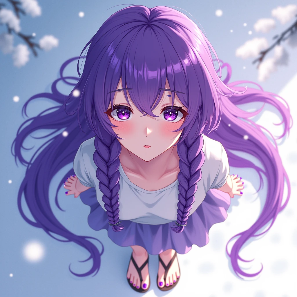 anime girl purple hair purple eyes braids long hair moles mole under eye snowflakes high angle barefeet purple toe nails wearing sandles 