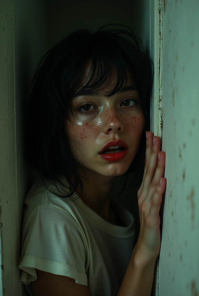 ultra-detailed, realistic, wallpaper, disheveled, cornered, hard breath, bob cut, sexual tension, loosing control, sexy despair, sweat, desperation, tremor, t-shirt, void, abstract, freckles, red lips, noir