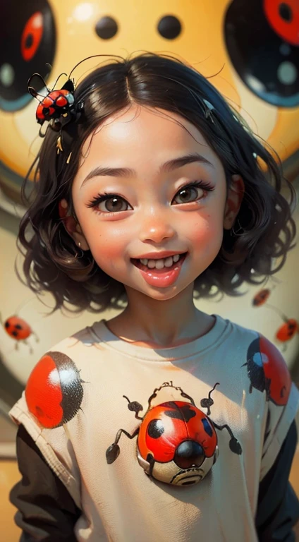 High Quality funny cartoonish,,portrait Beautiful picture of A painting of a  child face (close-up) (Smile)  Big eyes, surprised, Mouth open, (With a( ladybug) on his nose) ,  haze lighting, 16k, uhd, masterpiece,zhibi, Fisheye camera, top focus 