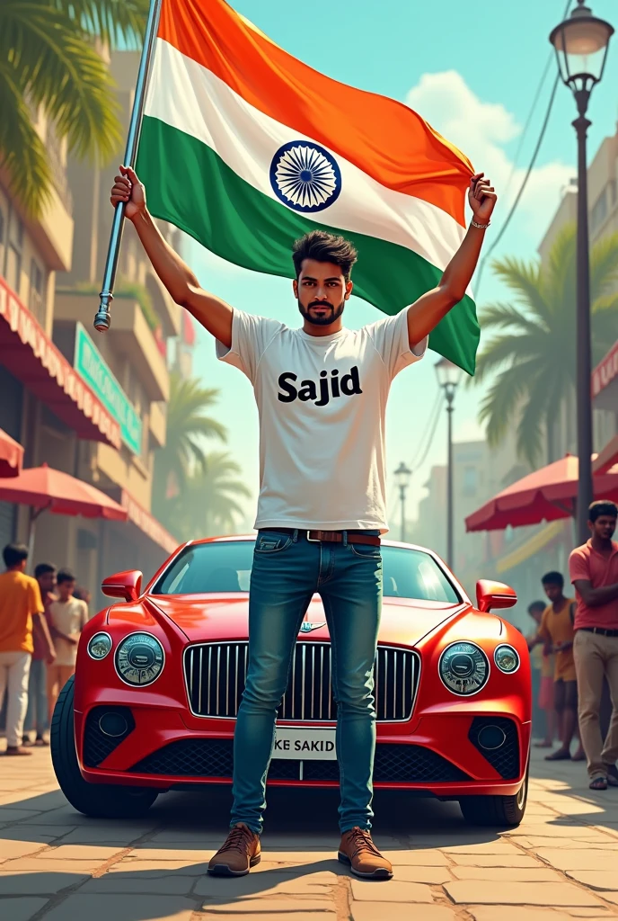 “Illustration of an 28-year-old Indian boy standing next to a luxury car, holding the Indian flag high. The background features a colorful Indian street filled with children running with flags, vendors selling sweets, and a group of men chatting at a tea shop. The boy is wearing jeans and a white t-shirt wich 'sajid’ on it, and is written in 3D at the top.”