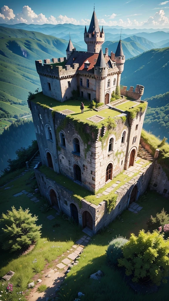 View from afar and from above of an abandoned castle, almost destroyed, deteriorated, with weeds and flowers of many bright colors growing on its walls and fences. Located on top of a mountain. Super detailed image.