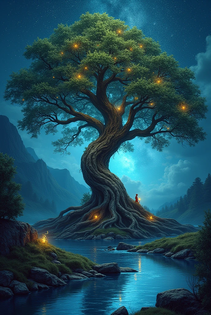 Create image of intricately beautiful tree of life with deep roots ang glowing branches, fireflies around, starry sky above, deep blue river below; hyperrealistic, masterpiece, vibrant