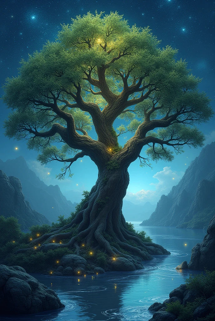 Create image of intricately beautiful tree of life with deep roots ang glowing branches, fireflies around, starry sky above, deep blue river below; hyperrealistic, masterpiece, vibrant