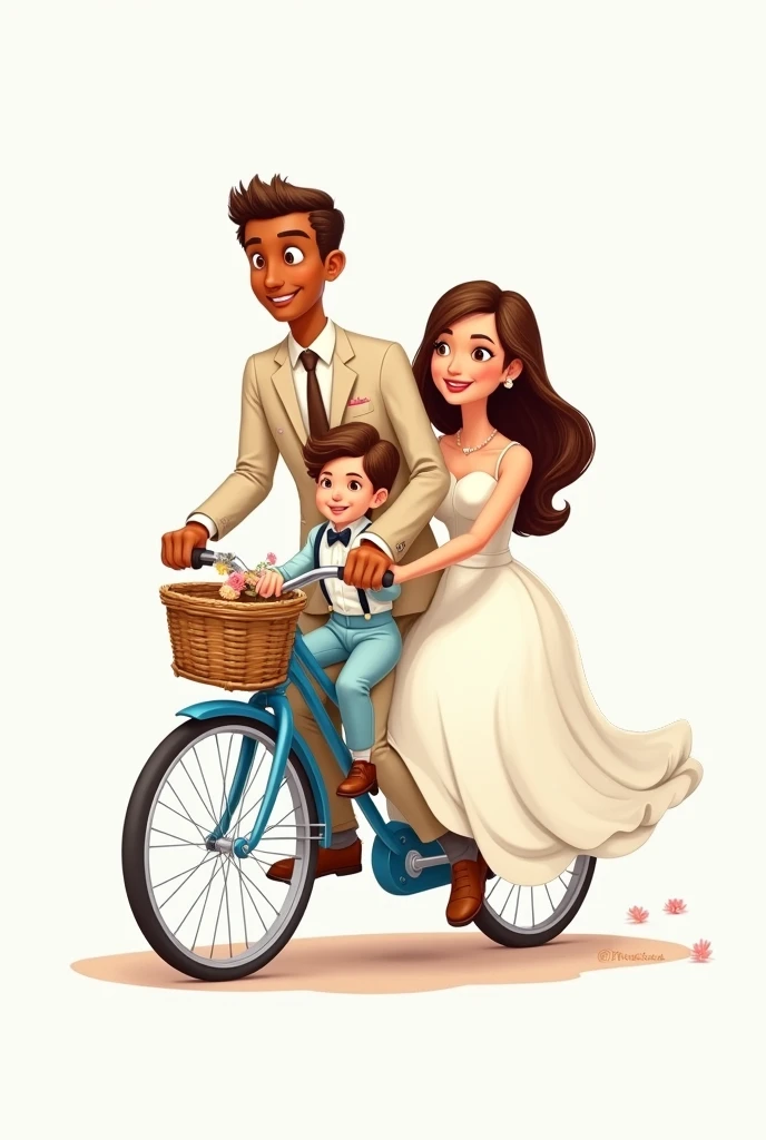 Imagine a drawing in an old cartoon style, with soft colors. The newlywed couple is on a blue vintage bicycle. The man is cinnamon skin, delgado, with beige suit, He wears a brown tie. The woman, with a white wedding dress and long brown hair. in front of a bicycle with a basket, there is your little son, In a light blue suit, wearing a bow tie and suspenders. All with a happy expression. The white background.
