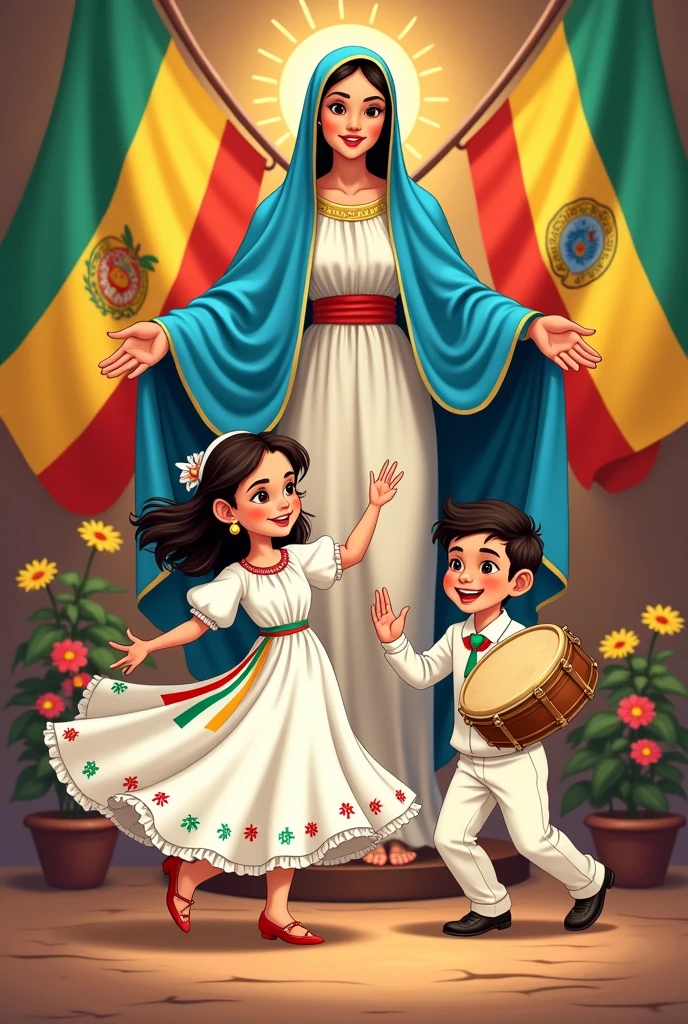 Disney-style cartoons of a Yungas girl dancing saya, wearing a white dress with the Bolivian flag, and a Yungas boy dressed in white with the Yungas flag playing a drum and dancing saya, with a background of the Virgin Mary and flags of Sucre and Bolivia.