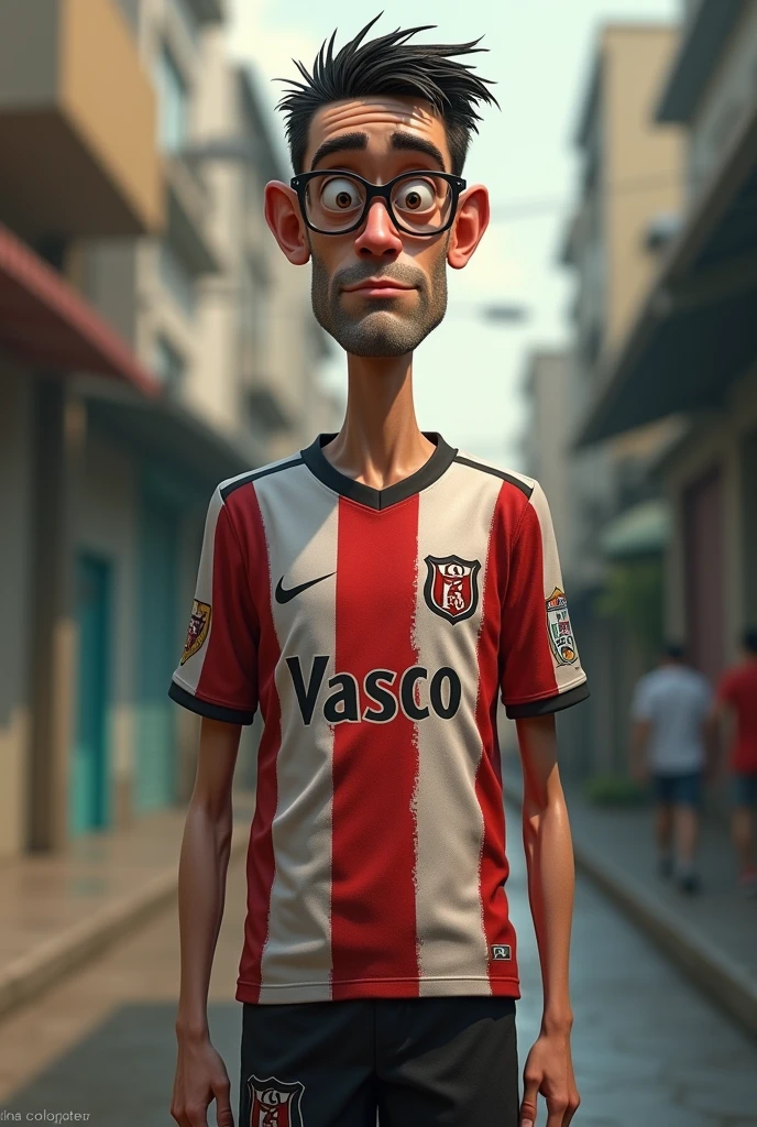 196 cm tall man, Scrawny, with glasses, wearing the Vasco shirt