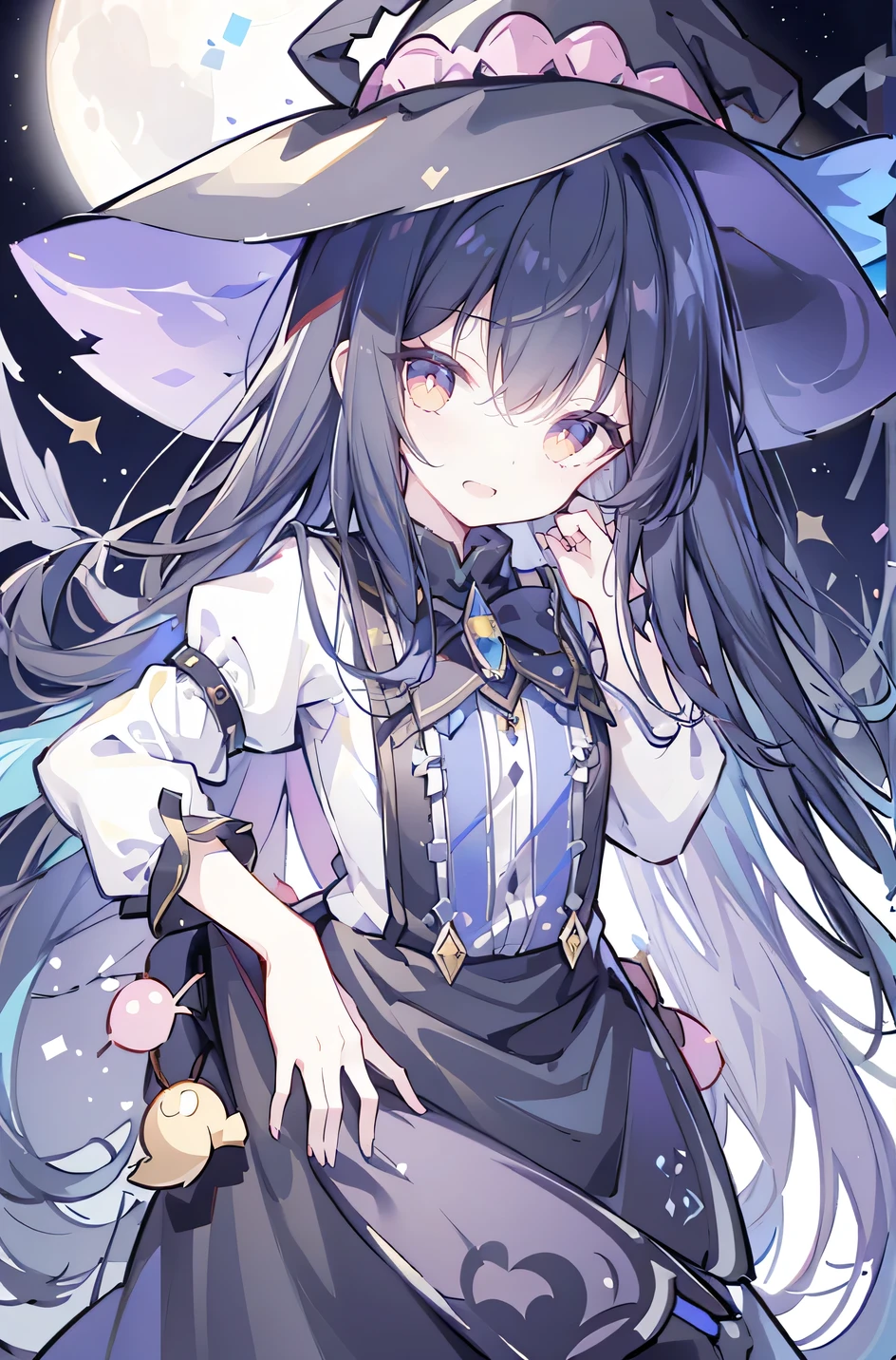 oung Girls,Humanity,A magician always smiles,big witch hat,cute,dark blue long hair,The eyes are dull,The bangs are heavy,Thin eyebrows,fantasy,intake,Double teeth,Star Theme,Constellation pattern,Solid color clothetal decoration,cloak,A bit of a dark atmosphere,A little crazy smile,When the big moon shines outside at night,blood,Hair black star embellishment,Short tie,No nails,High waist skirt,Bell sleeves,Long-sleeved shirt,Black tie,low risk,gentlemen。Mist、Yellow and white effect，Shocking pink as an accent color