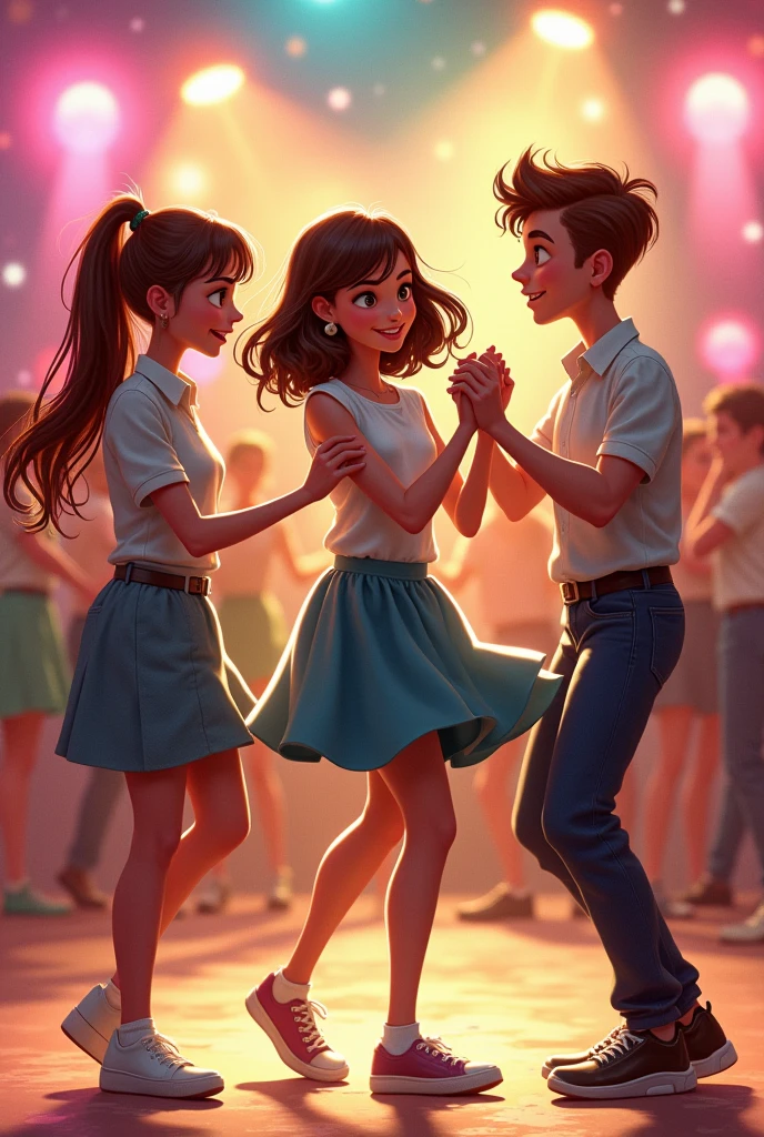 3 pairs of girl and boy dancing
First pair boy don't know dance and fat girl dance well
Middle pair is ok in dancing but girl touches her hair frequently
Last pair boy jumps lightly when he miss dance steps girls dance stiff