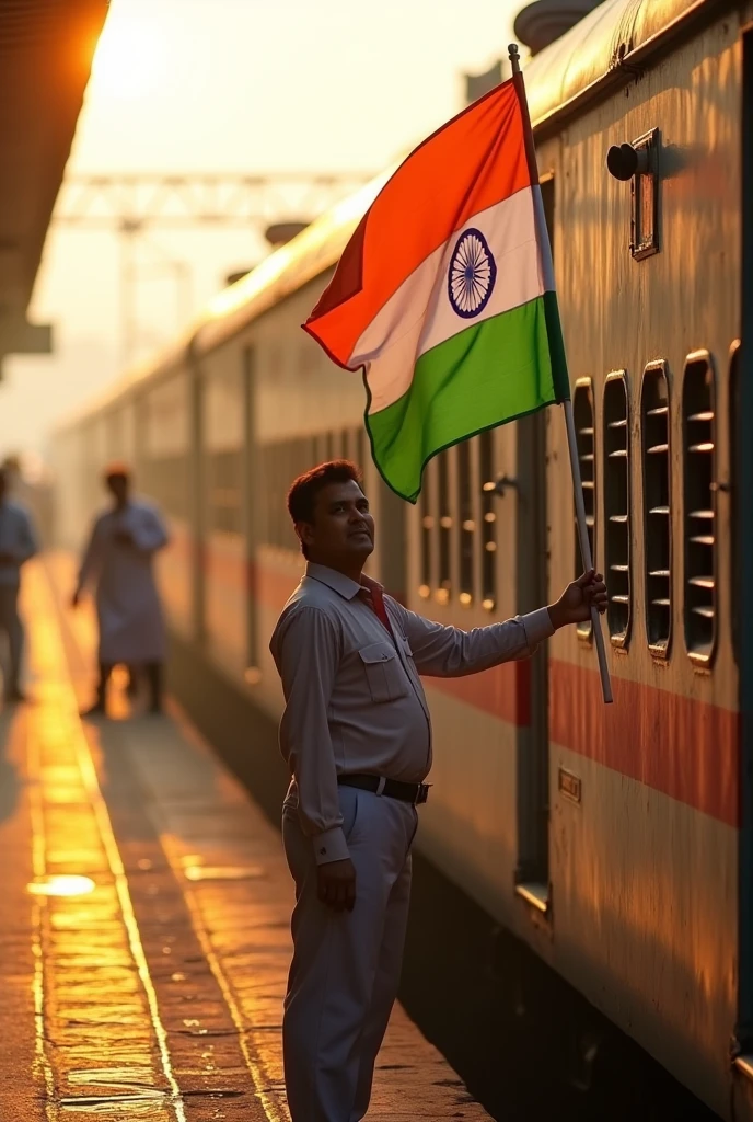 A train coming to the station and there is Indian flag on the train and the holding indian flag in his hand and welcoming the train. All this scene should be in the morning. And the name of the station is udaipur junction. Mention the junction name as udaipur junction