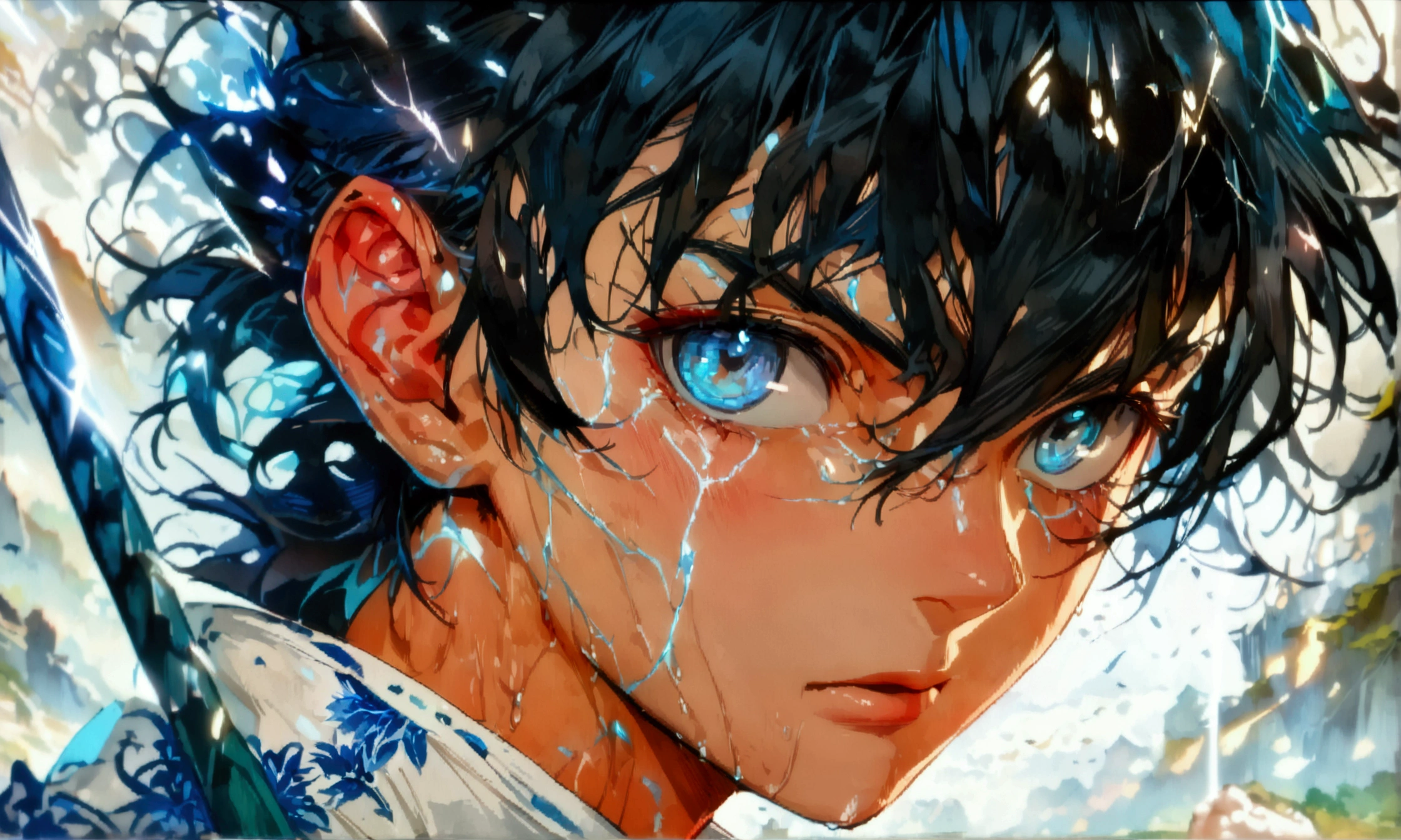Boy, messy big black hair, light blue eyes, white kimono with blue details, angry expression, ((Intricate anime character design inspired by Demon Slayer)), ((stunning lighting)), ((fine lines)), ((stunning focus)), ((stunning face)), ((detailed focus)), ((detailed background)), ((ultra-fine 2D design)), ((scenery bathed in creativity)), ((2D masterpiece)), ((best quality), ((8K)), ((anime style))