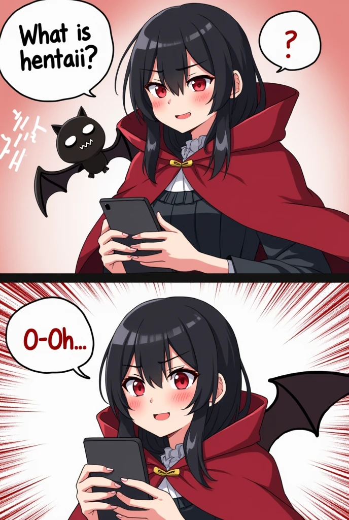 (masterpiece, best quality:1.2), comic, 2 panels, (2comic panels, dot halftone, flat color), BREAK, 1girl black hair, red eyes, vampire girl, wearing red cloak, bat as a pet, scrolling on smart phone, BREAK, (panel one saying text "What is hentai?" with curious face, panel two saying text "O-Oh..." with a flushed face)