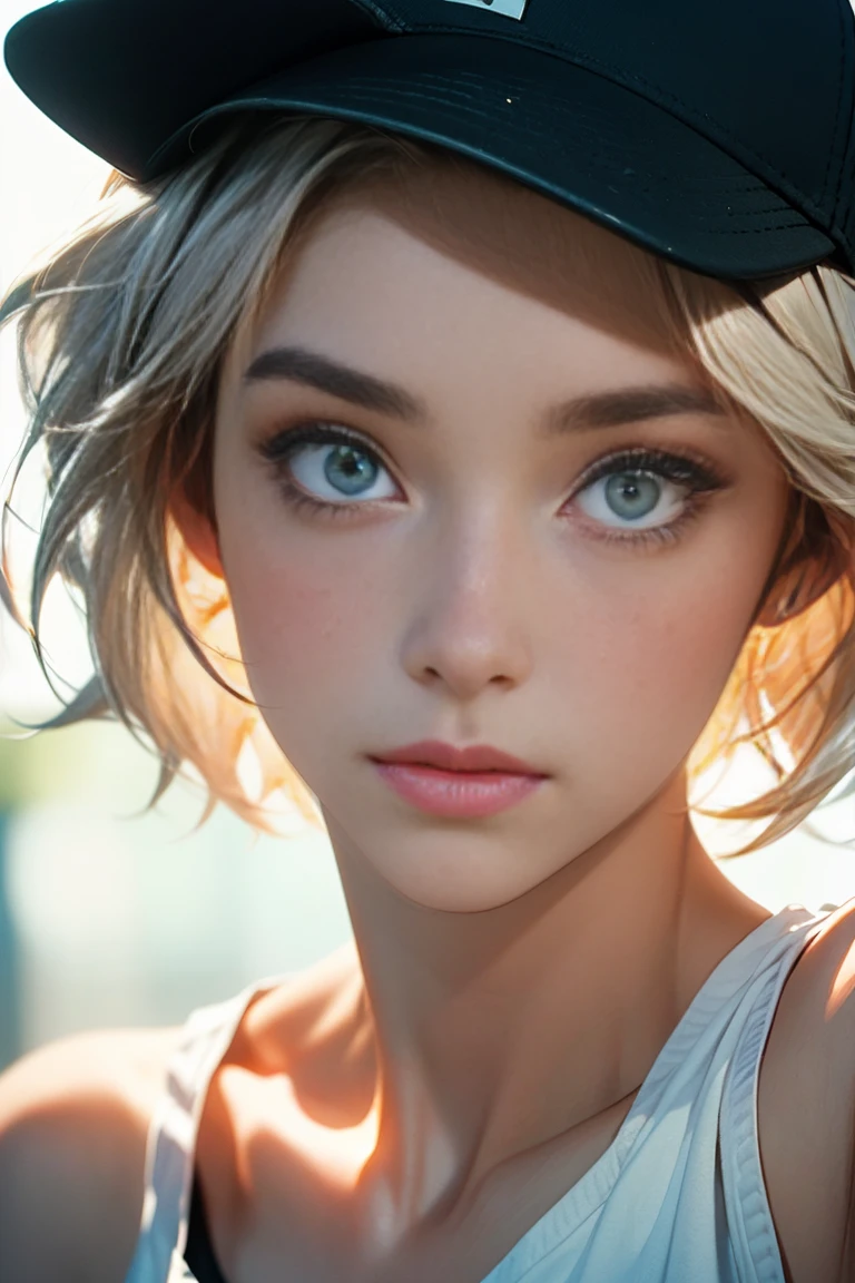  ((highest quallity, work of art, 4K, finely detailled, detailedeyes, face detailed, details Intricate)),1 girl, , short blonde hair with pink tips, black baseball cap, black tank top, close up image on face, selfie shot