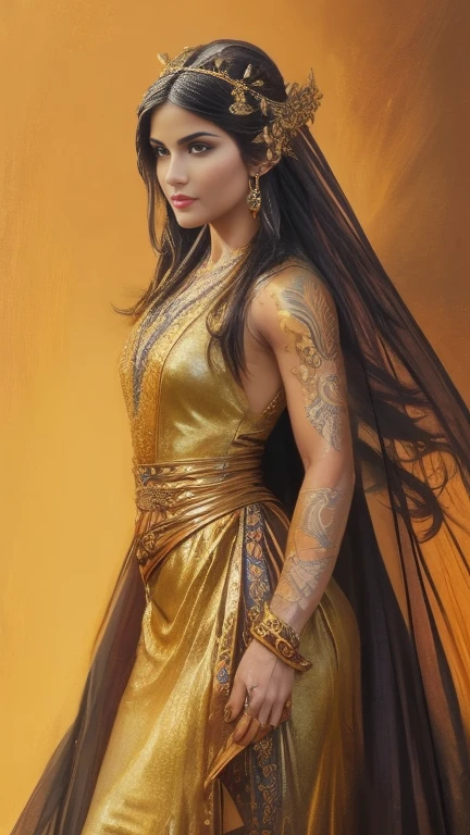 (beautiful movie decoration goddess sand, golden dress, shining gold tattoo), (Galactic shaman with quantum energy fantasy), fantasy magic, long hairstyle, dark light night, Complex, ethereal, sharp focus, figure, very detailed, digital painting, concept art, +Mattia, (Art by Wlop), (author:Justin Gerard and Jason Edmiston: 1.5), (Written by Greg Rutkowski: 0.4), (By Alphonse Mucha: 0.4), masterpiece