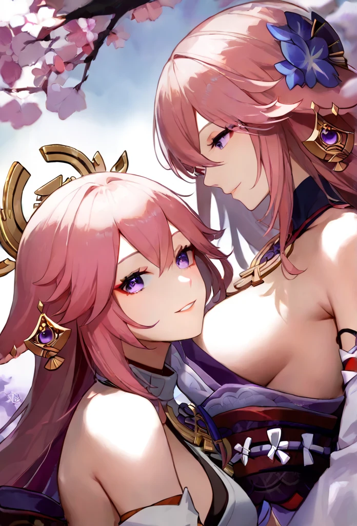 score_9, score_8_up, score_7_up,source_anime, high res image,masterpiece,best quality,2girl,cute face,clear skin,yae_miko_genshin,raiden_shogun_genshin,smile,looking each other,