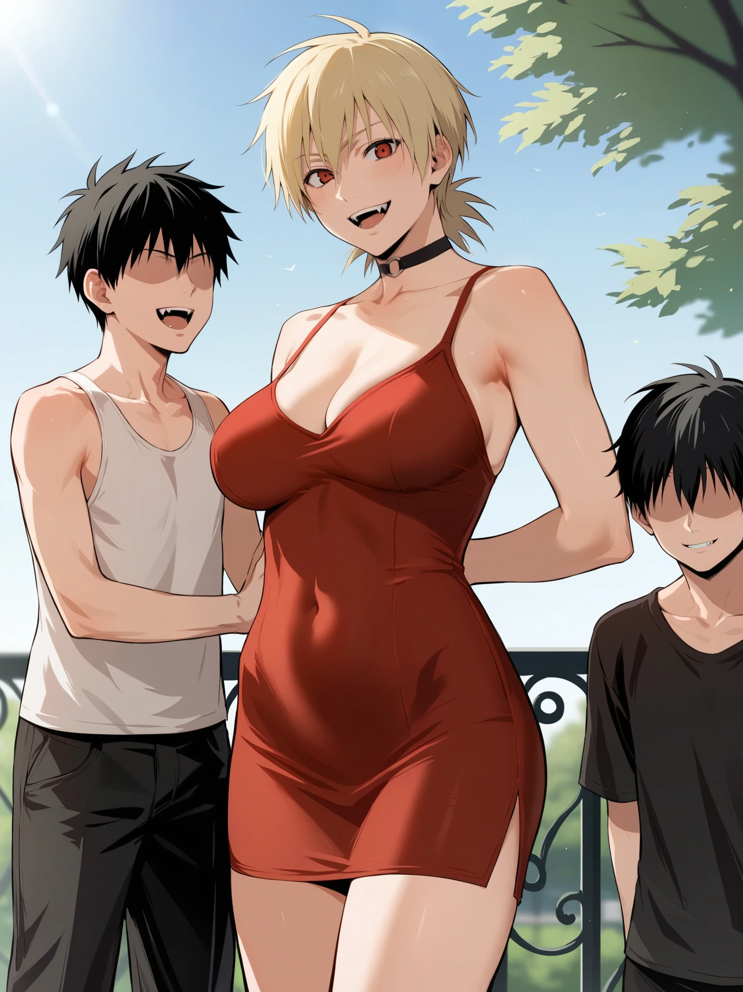 score_9, score_8_up, score_7_up,  score_6_up, source_anime, standing, hellsing, seras, blonde hair, nude, park, outdoors, sky, vampire, smirk, fangs, ikuchan, balcony, muscular male, male wearing tank top, large breasts, husband and wife, family, looking at viewer, smiling, light skinned male, standing side by side, standing, 1girl, smile, cute, happy family ((size difference)), tall male, ((worship)), ((light skinned male))), gown, dress, navel, short dress, red dress, , ((size difference)), shota, ((family)), wholesome, sfw, raing:safe, ((large male)), black haired male, solo focus, choker, solo focus, 2boys, 1girl, trio, mature male, dilf, ((portrait)), faceless male, husband and wife and son