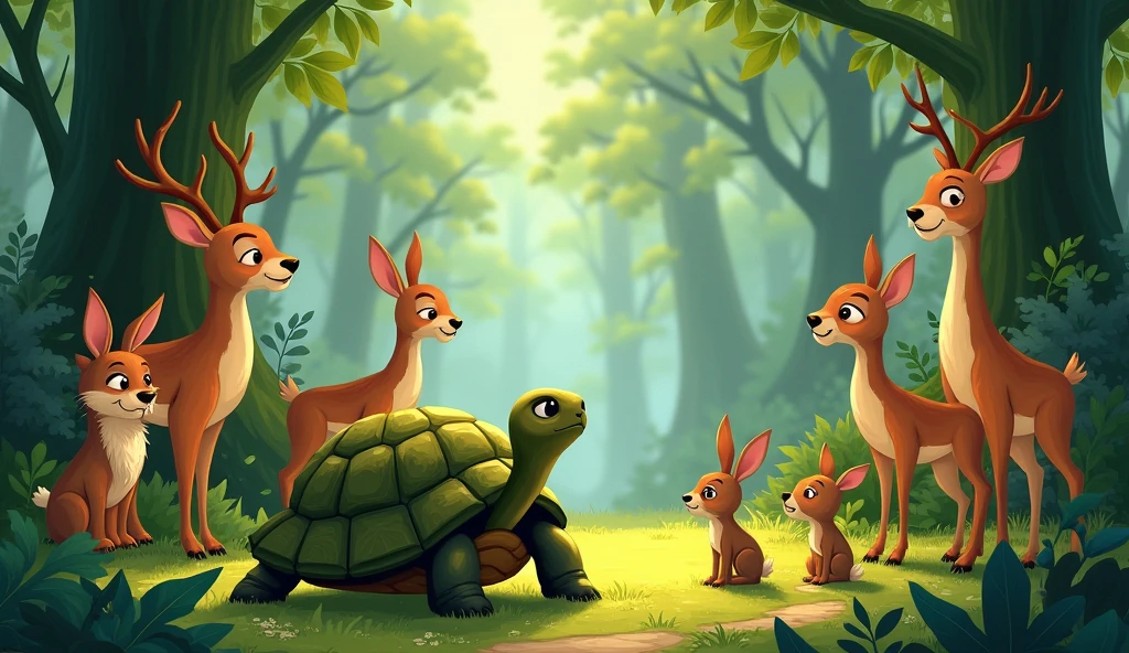 A group of animals in the forest—deer, rabbits, and birds—gathered around, observing Ramu the tortoise  with concern.
