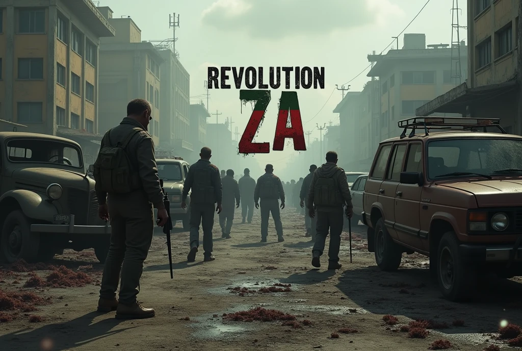 A dayz wallpaper with the name Revolution ZA in 4K resolustion in a dark theme with zombies and broken down vehicles