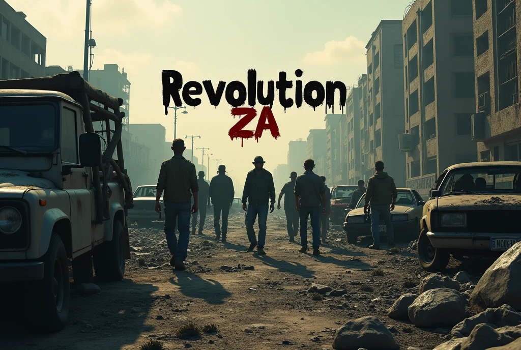 A dayz wallpaper with the name Revolution ZA in 4K resolustion in a dark theme with zombies and broken down vehicles