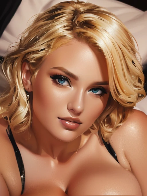 blond woman with short wavy hair, ((wearing black lingerie)), posing for a picture, blonde short wavy hair, short blonde hair, short blond hair, short blond hair, blonde and attractive features, blond bob haircut, a gorgeous blonde, medium short hair, short curly blonde haired girl, with short hair, a girl with blonde hair, short wavy blonde hair with bangs. ((Deep green eyes, extremely long eyelashes)). Make-up. Kelly Von East. EDGBODYL. Wearing edgbodyl lingerie