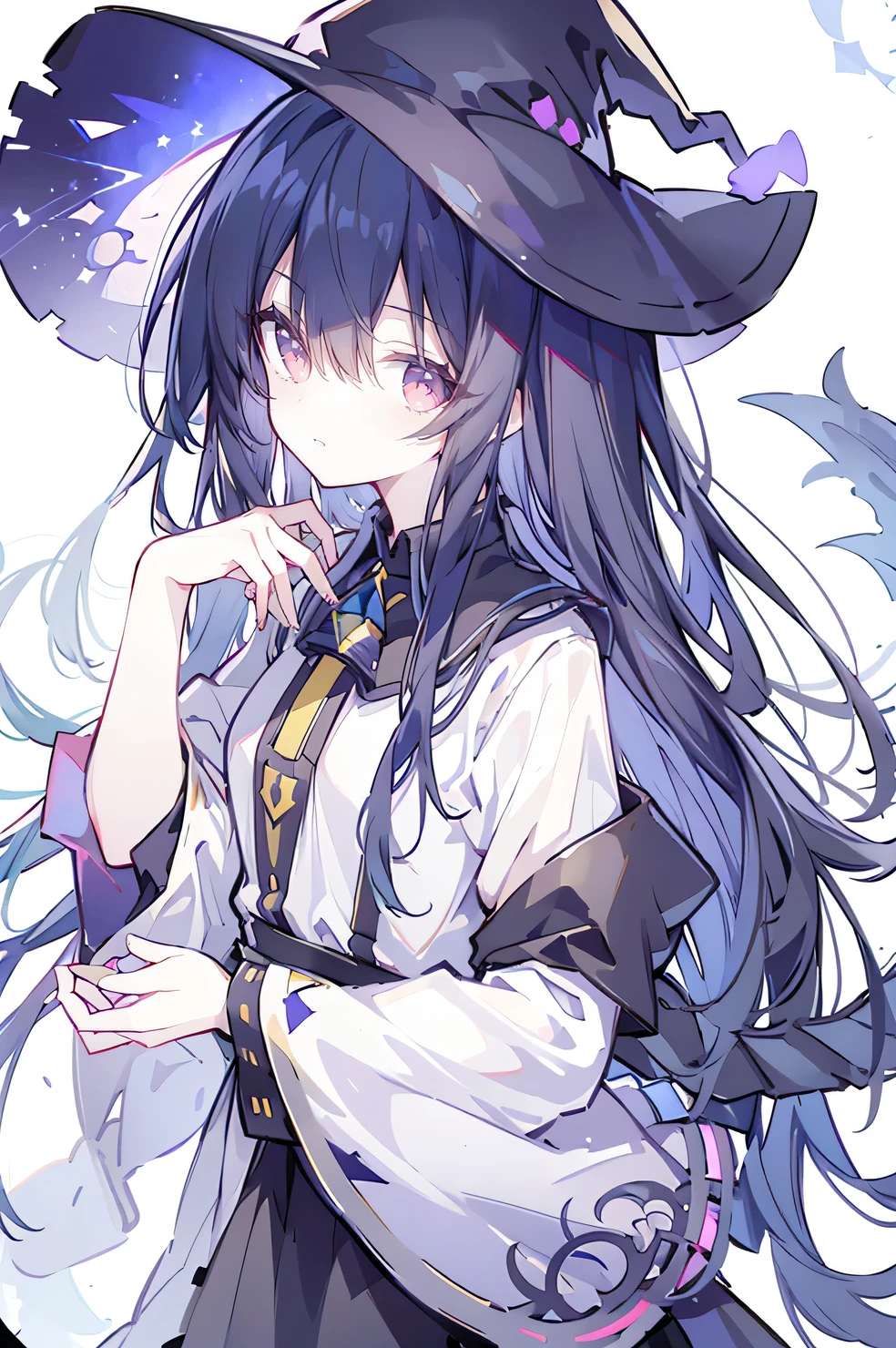 oung Girls,Humanity,A magician always smiles,big witch hat,cute,dark blue long hair,The eyes are dull,The bangs are heavy,Thin eyebrows,fantasy,intake,Double teeth,Star Theme,Constellation pattern,Solid color clothetal decoration,cloak,A bit of a dark atmosphere,A little crazy smile,When the big moon shines outside at night,blood,Hair black star embellishment,Short tie,No nails,High waist skirt,Bell sleeves,Long-sleeved shirt,Black tie,low risk,gentlemen。Mist、Yellow and white effect，Shocking pink as an accent color