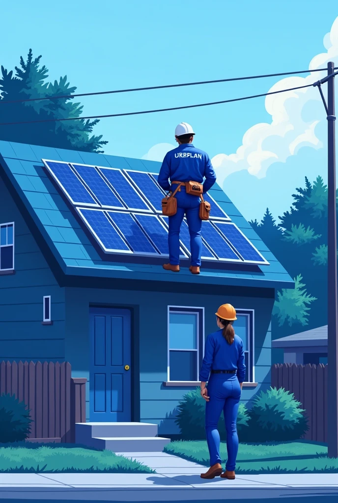 An image showing a worker installing solar panels on the roof of a residential house. The worker is wearing blue PPE with the word 'URBPLAN' written in white on his back. A woman is standing on the sidewalk, observing the installation. The overall color palette of the image should predominantly feature shades of blue