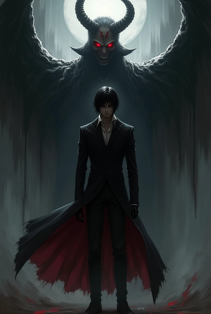 Death note Kira with his evil red eyes and shinigami behind him 
