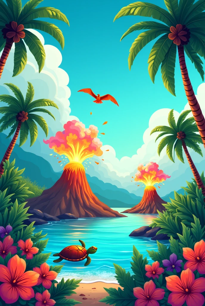 A Hawaiian style t-shirt print, happy volcanoes, ripples, surfboard, palmtrees, coconut palms, flowers on the edges, beautiful nature and vivid green, BLUE SKY, turtle and birds. cartoon-like, high qualiy, image covering the entire screen