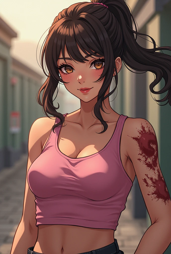 score_9, score_8_up, score_7_up, source_anime, yaoyorozumomo, yaoyorozu momo, long hair, bangs, black hair, ponytail, black eyes, high ponytail, wide ponytail, navel, cleavage, bare shoulders, belt, leotard, bare arms, center opening, red leotard, beltskirt, outdoors, cityscape, looking at viewer, upper body, huge breasts,S2Z0n1c21.5XL style, solo, girl, 1girl, solo, ass, anus, looking back, multicolored hair, white background, spread anus, looking at viewer, simple background, white hair, pussy, spread ass, stick out ass, black tights, grab ass, Spread ass, grab ass with hands, Get blush, (((Pink heart shaped eyes))), used condom hold in mouth, kneeling,