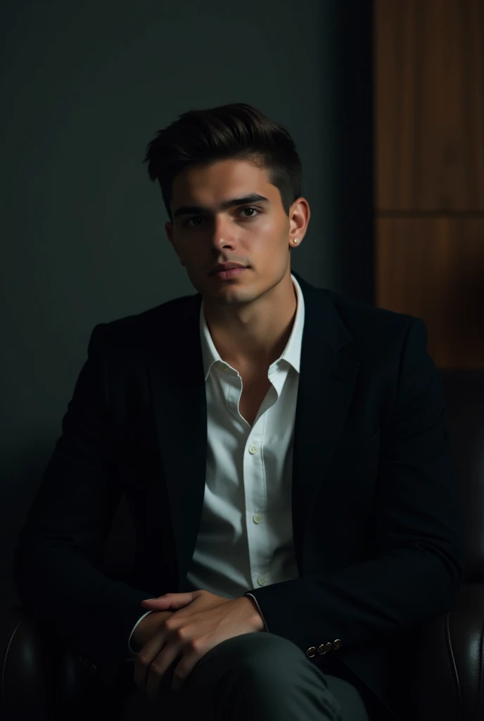@aranas:In a dark room,a young man sits confidently wearing a black blazer and white shirt.Styled like a hero.The lighting is cinematic,casting a soft shadow on his face.Creating a professional linkedin busin